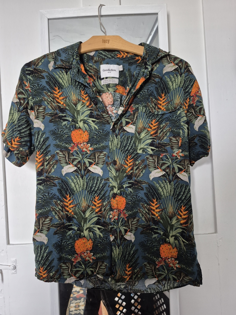 Goodfellow & Co Teal Tropical Button-Down Shirt with Orange Pineapple Print